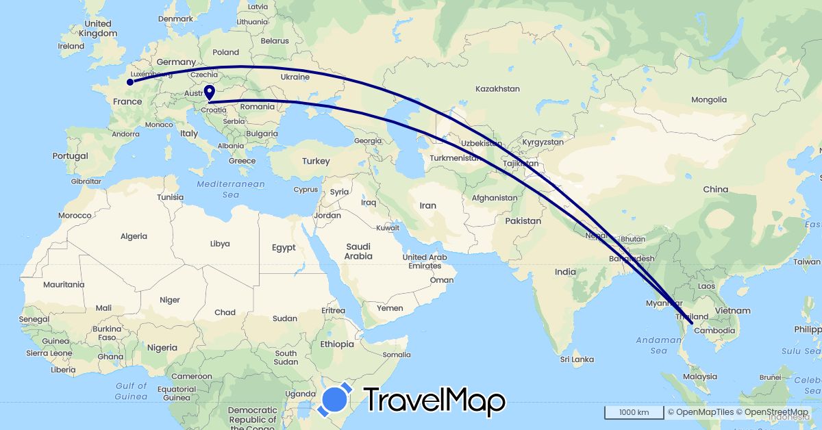 TravelMap itinerary: driving in France, Slovenia, Thailand (Asia, Europe)